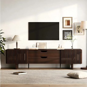 Stojak pod TV w kolorze ciemnego orzecha - 180 x 40 x 45 cm - z 2 szufladami + 2 drzwiami - do telewizorów 75 cali - MDF