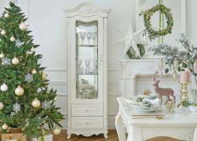 Lewostronna szklana witryna do salonu Gloria ecru, w stylu francuskim. Ozdobne fronty, szuflady, szklane półki. Meble La Perle.