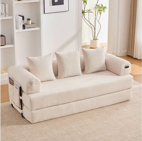 Sofa 3-osobowa rozkładana - 200 x 94 x 67 cm - z kieszeniami bocznymi + 3 poduszki - aksamit - beż