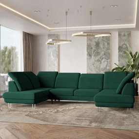 Masseno Narożnik TERAMO z funkcją spania i pojemnikiem na pościel Narozniki U, Rozkładana sofa - Butelkowa zieleń, MONOLITH 37