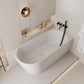 Wanna wolnostojąca narożna prawa konglomerat beżowa matowa 160 x 75 cm WALL Beige Matt z przelewem typu SLIM : Kolor wanny - Biały matowy
