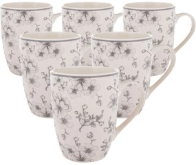 Zestaw 6 ceramicznych kubków Delikatne kwiaty 300 ml, szary