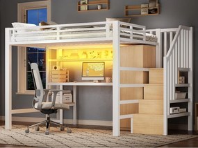Łóżko na antresoli metalowe 140x200 cm - Oświetlenie LED - Wbudowane biurko i wieszak - Półki i drabina z pojemnikami - MDF - Biały
