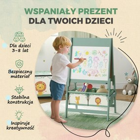 AIYAPLAY Dziecięca tablica 3-w-1 z tablicą kredową, białą tablicą, papierową rolką, 2 koszami, dla dzieci 3-8 lat, zielona | Aosom PL