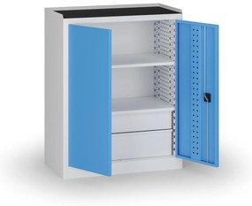Szafa warsztatowa, 2 półki + 2 szuflady, 1180 × 950 × 500 mm, niebieskie drzwi