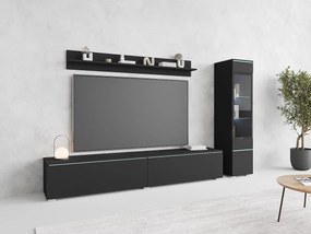 Zestaw mebli do salonu 3 elementy z LED – szafka RTV 180 cm witryna i półka, czarny mat