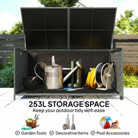Outsunny Rattanowa skrzynia ogrodowa 650L wodoodporna, UV odporna, ze schowkiem, kółkami i pokrywą, 150 x 75 x 74 cm, ciemnoszara | Aosom PL