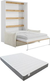 Łóżko chowane w szafie 160 x 200 cm - Ręczne otwieranie pionowe - Z LEDami - Białe i naturalne + Kanapa + Materac - RAPILI