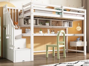 Drewniane łóżko na antresoli - 90x200cm - ze schodami do przechowywania + biurkiem + podstawą z listew - Białe