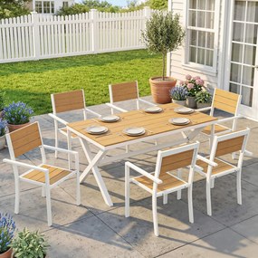 Outsunny Zestaw Mebli Ogrodowych 7-częściowy Stół z 6 Stapelowymi Krzesłami Drewnopodobne Aluminium Teak | Aosom PL