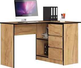 Biurko narożne AKORD B16 Dąb Craft 124 cm prawe 3 szuflady kolor Dąb Craft mat 2 półki 124x85x77 cm