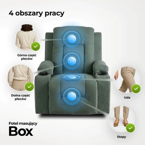 Fotel Masujący BOX Rozkładany Wypoczynkowy z Podnóżkiem Zielony Sztruksowy Nowoczesny