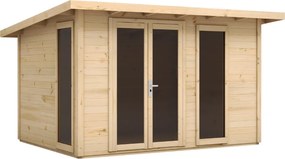 DREWNIANY DOMEK 344,4 x 244,4 cm OGRODOWY KARMNIK ZE ŚWIERKU – SCHOWEK NA NARZĘDZIA Z OKNAMI I PRZESZKLONYMI DRZWIAMI