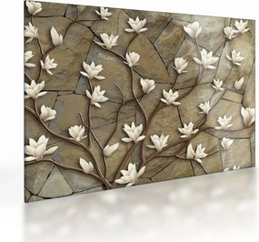 Obraz na szkle - Białe magnolie na murze kamiennym (70x50 cm)