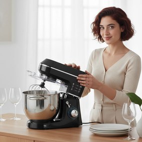 HOMCOM Robot planetarny 1400 W z miską 7 l i 6 prędkościami, hak do ciasta, trzepaczka i mieszadło, czarny | Aosom PL