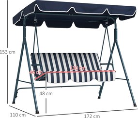 Outsunny Huśtawka Ogrodowa 3-osobowa, Odporna na Warunki Pogodowe, Regulowany Dach, 172 x 110 x 153, Niebieska