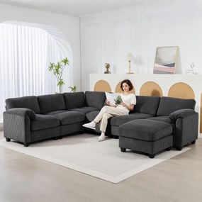 HOMCOM Narożna sofa w kształcie U, sofa z sprężynami kieszeniowymi, wyściełane podłokietniki, ruchomy szezlong, sztruks, 292x224x85 cm, ciemnoszary | Aosom PL