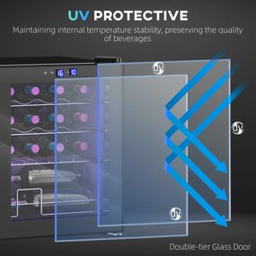 HOMCOM Wolnostojąca chłodziarka do wina, 16 butelek, do domowego baru, salonu, kuchni ekran dotykowy, drzwi szklane, oświetlenie LED