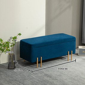 HOMCOM Ławka Tapicerowana z Miejscem do Przechowywania, Metal, Drewno Gumowe, Pianka, 100 x 40 x 42 cm, Granatowa