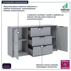 Szara długa komoda z 3 szufladami szara lawa połysk R1-R89