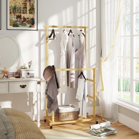 HOMCOM Wieszak na kółkach, wieszak z drążkiem, półka na buty, z bambusa, 80 x 40 x 160 cm, naturalny | Aosom PL
