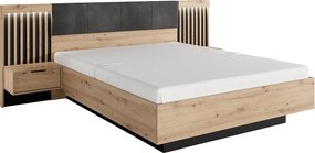 Łóżko z szafkami nocnymi 160 x 200 cm - Z oświetleniem LED - Naturalny i czarny + Stelaż - ARIADA