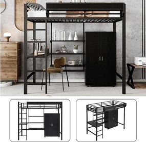 Łóżko antresola 90 x 200 cm z biurkiem, szafą i półkami do przechowywania - Żelazo + płyta wiórowa - dla dzieci - Czarne