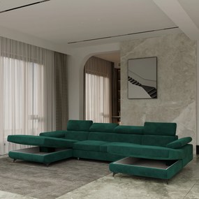Masseno Narożnik DETTI  z funkcją spania i pojemnikiem na pościel Narozniki U, Rozkładana sofa - Zielony, MONOLITH 37