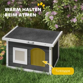 PawHut Domek dla kota i królika, miejsce odosobnienia, drewniany domek z matą do drapania, klapką, 61 x 45 x 36,5 cm, Szary