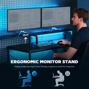 HOMCOM Biurko gamingowe w kształcie L z LED i gniazdami, z podwójnym uchwytem na monitory, 165x80x91,5 cm, czarna imitacja drewna | Aosom PL