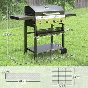 Outsunny Grill Gazowy BBQ, 4 Główne Palniki, 1 Boczny Palnik, 1 Płyta Do Podgrzewania; 135 x 55 x 103 cm, Czarny