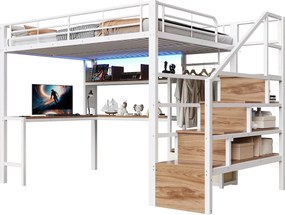 Metalowe łóżko piętrowe dla dzieci - 140 x 200 cm - z 2 szufladami + szafa + oświetlenie LED + biurko + drabinka - białe
