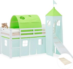 Łóżko piętrowe dla dzieci 90x200 cm Białe Zielona zasłona