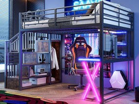 Łóżko piętrowe 140x200cm z oświetleniem LED - biurko + szafa + drabinka - czarne