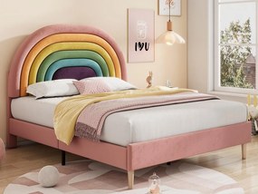 Łóżko dziecięce z weluru - 140x200cm - z regulowanym kolorowym zagłówkiem - Różowe