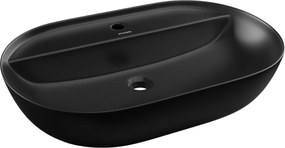 Umywalka ceramiczna nablatowa owalna czarna z otworem i z półką na mydło 60 x 41 cm DECOS Black z rantem Slim