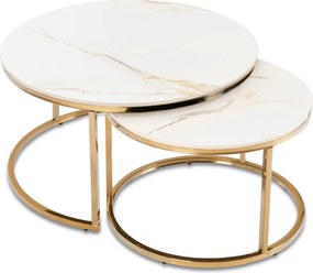 Zestaw Stolików Kawowych MILANO 60 cm/80 cm Biały Marmur/Złoty Glamour