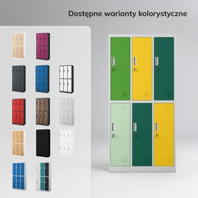 Szafka socjalna ubraniowa BHP szaro-zielono-żółta 6-drzwiowa: IGOR, 900 x 1850 x 450 mm