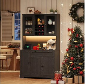 Wysoka komoda kuchenna - 105 x 40 x 180 cm - z szufladą + 5 drzwi + półki + diody LED + gniazdka - MDF - czarna