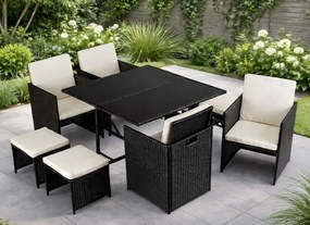 Zestaw mebli ogrodowych z fotelami i pufami Seaside, czarny technorattan, kremowe poduszki