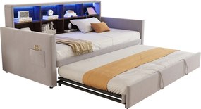 Rozkładana sofa z poduszkami 90x190cm - z oświetleniem LED - z gniazdem ładowania - z wysuwane łóżko - tkanina welurowa - Jasnoszary