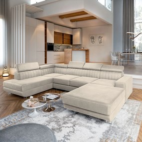Masseno Narożnik SIENA z funkcją spania i pojemnikiem na pościel Narozniki U, Rozkładana sofa - Kremowy, MONOLITH 04