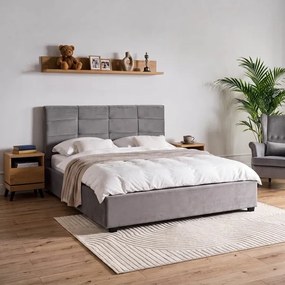 Łóżko Tapicerowane 160x200 cm TINGA ze Stelażem i Pojemnikiem Dwuosobowe Welurowe Ciemnoszare Skandynawskie