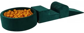 Piankowy Zestaw Do Zabawy Z Suchym Basenem 90x30cm/200 Piłek 7cm, Plac Zabaw Dla Dziecka, 4 Elementy, Welurowy, Ciemnozielony, Piłki: Złote - Meowbaby®