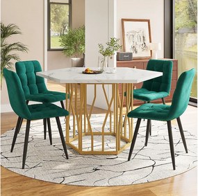 Zestaw stół i krzesła do jadalni - 115,5 x 100 x 75 cm - 1 stół sześciokątny ze złotymi nogami + 4 krzesła - MDF + Stal - złoty + zielony