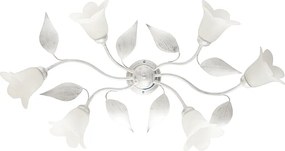 Olga lampa sufitowa z lakierowanego białego żelaza z srebrnym zdobieniem, 6 lamp, alabastrowe klosze, 70x52 cm