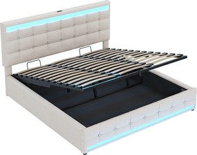 Łóżko z pojemnikiem 180x200 cm, beżowy len, łóżko podwójne z oświetleniem LED i portem USB – materac nie jest wliczony w cenę