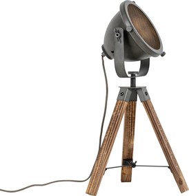 Industrialna lampa stołowa na trójnogu stalowa z drewnem, regulowana - Emado