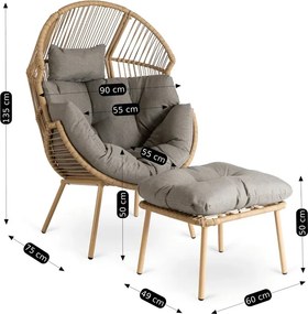 Fotel Ogrodowy z Podnóżkiem PORTLAND Kokon Wypoczynkowy Szary Nowoczesny Boho
