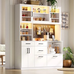 Bufet kuchenny 145x40x185cm - z 4 drzwiami i 5 szufladami - z oświetleniem LED - z gniazdkiem elektrycznym - panel perforowany - Biały